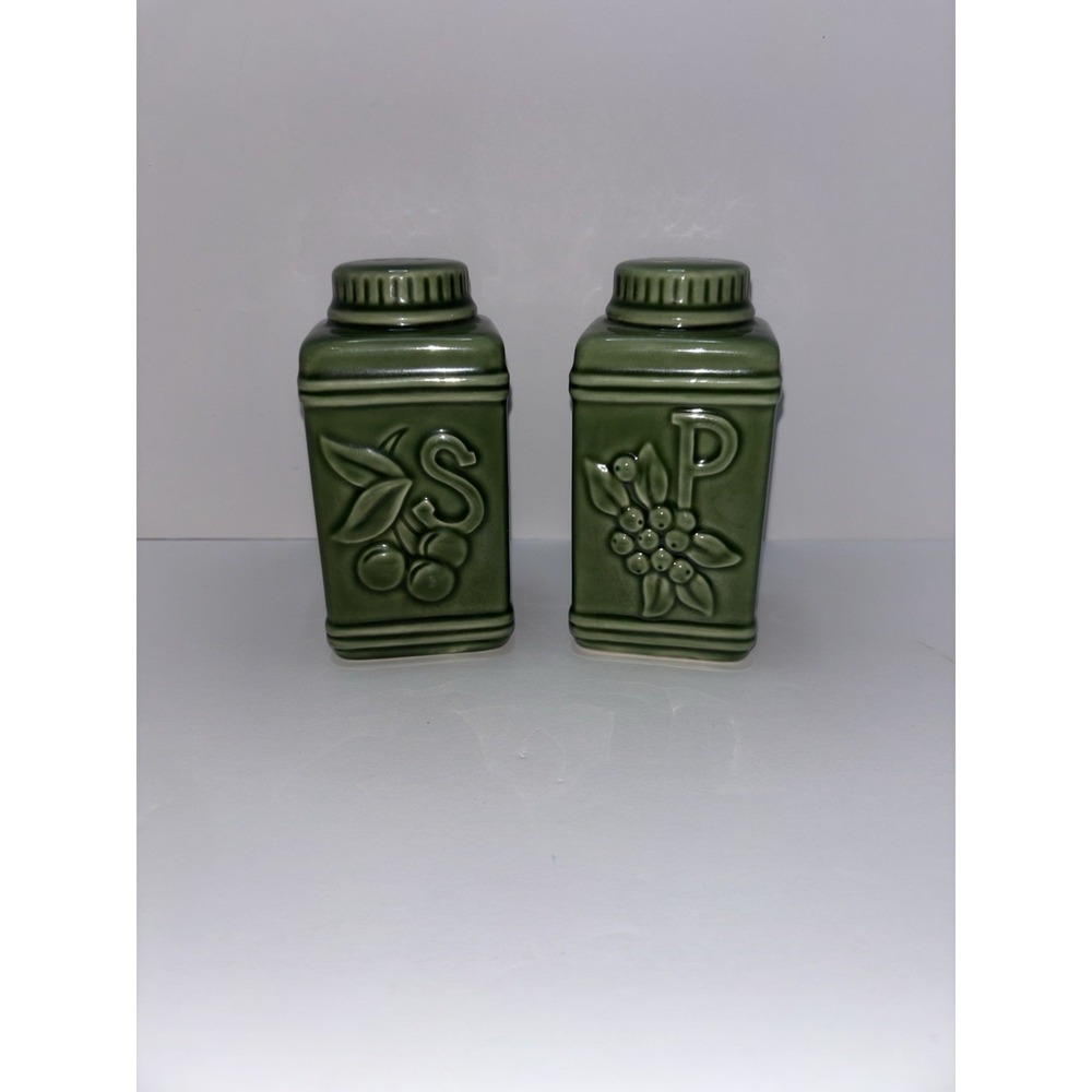 Vintage Ceramic Green THT Salt and Pepper Shakers 2001 MCM Olive Green
